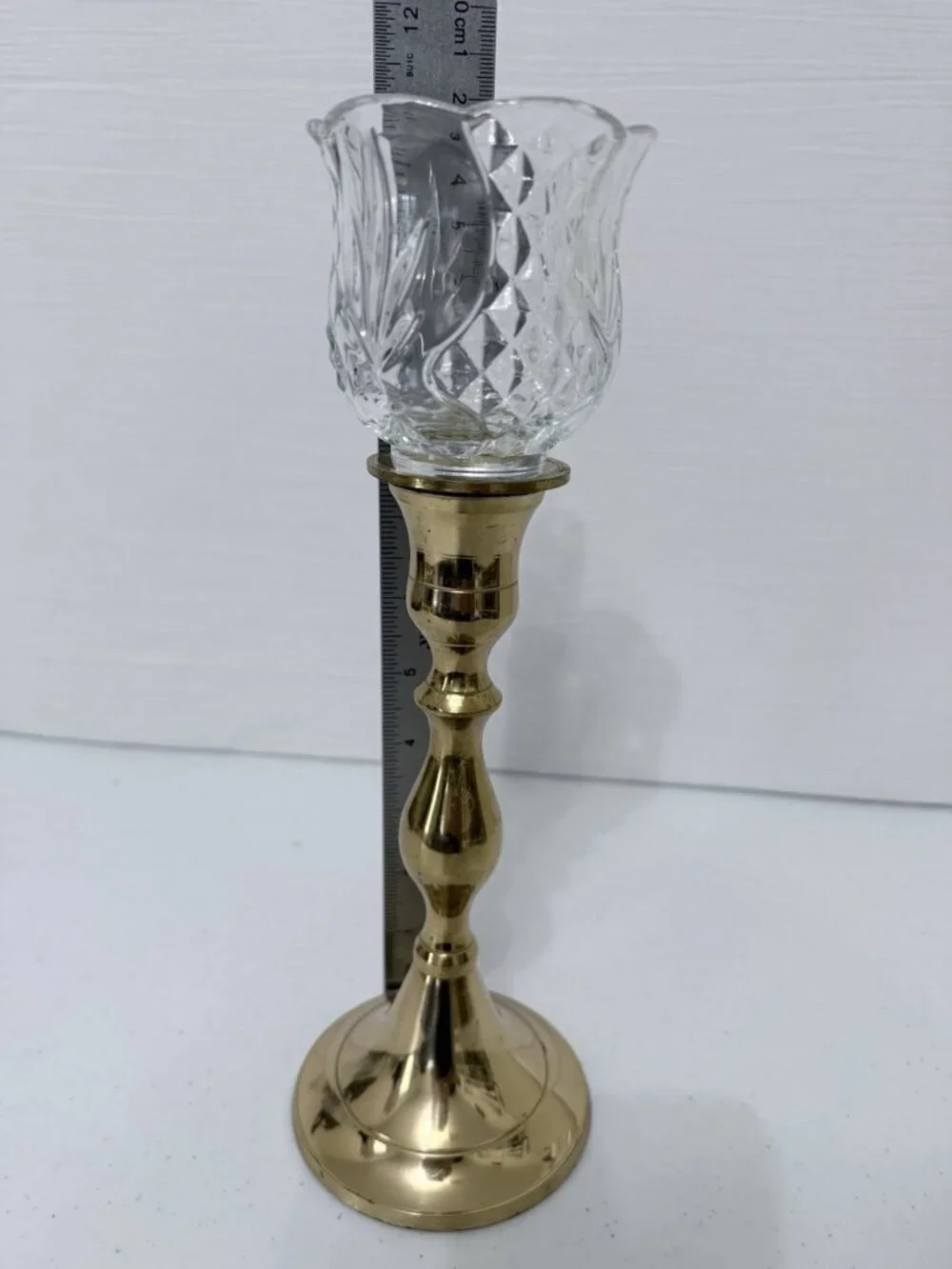 Homco Tulip Diamond Clear Votive Holder on Heavy Brass Candlestick Holder 10.75